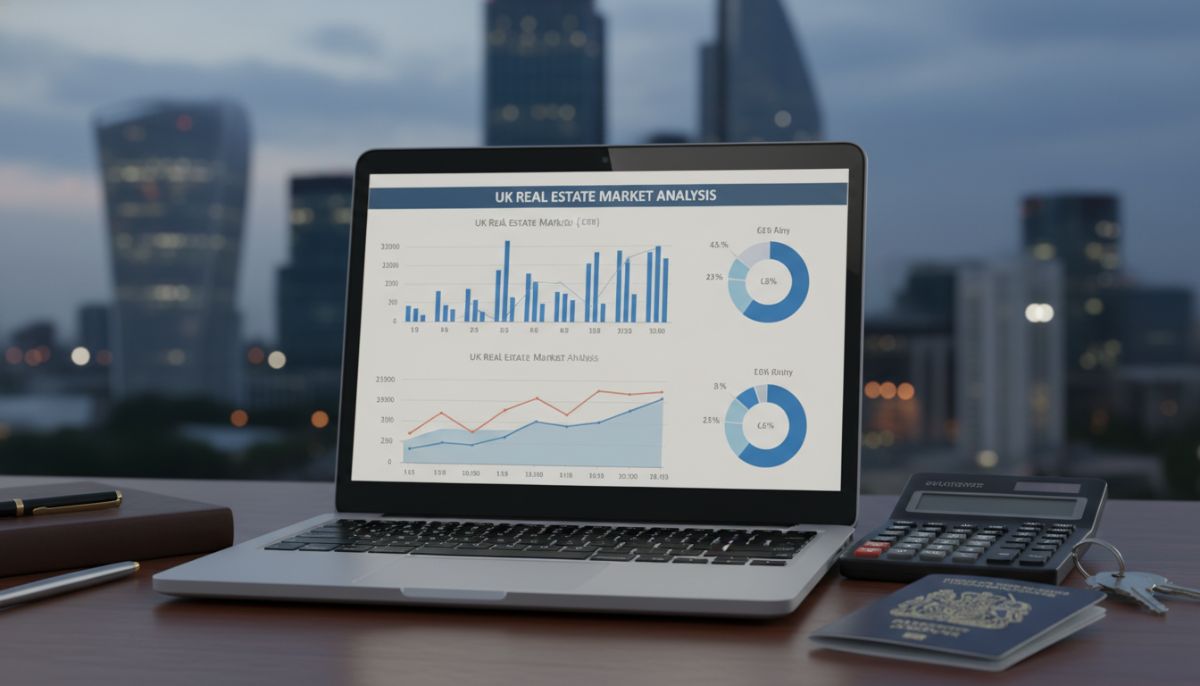 A professional desk setting with a laptop showing UK real estate charts, a calculator, a pair of keys, and a British passport, set against a blurred city background, high-resolution photography.