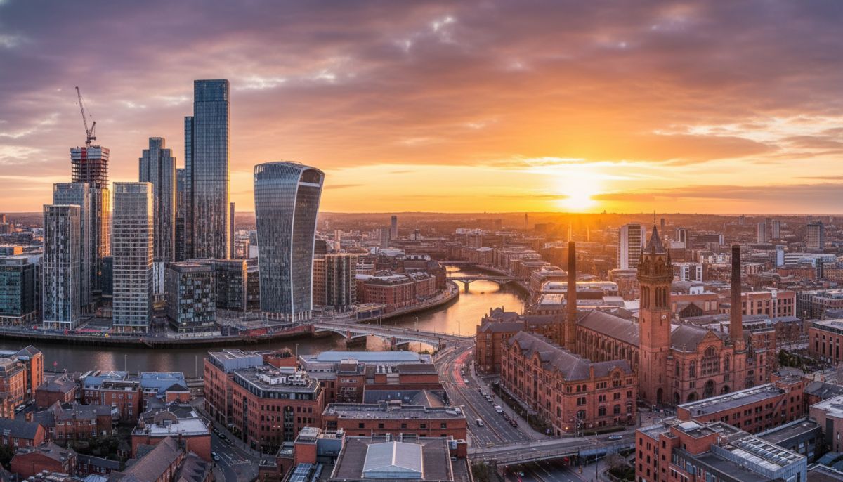 A panoramic view of the Manchester skyline at sunset, showing modern glass skyscrapers and historic industrial brick buildings, signifying urban growth and investment potential.