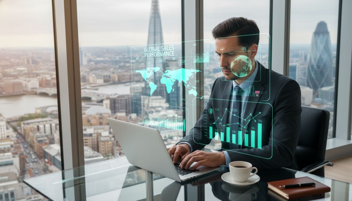 A high-resolution photo of a professional UK expat businessman working on a sleek silver laptop in a modern skyscraper office with a view of a global financial hub, digital holographic graphs representing global sales data floating nearby.