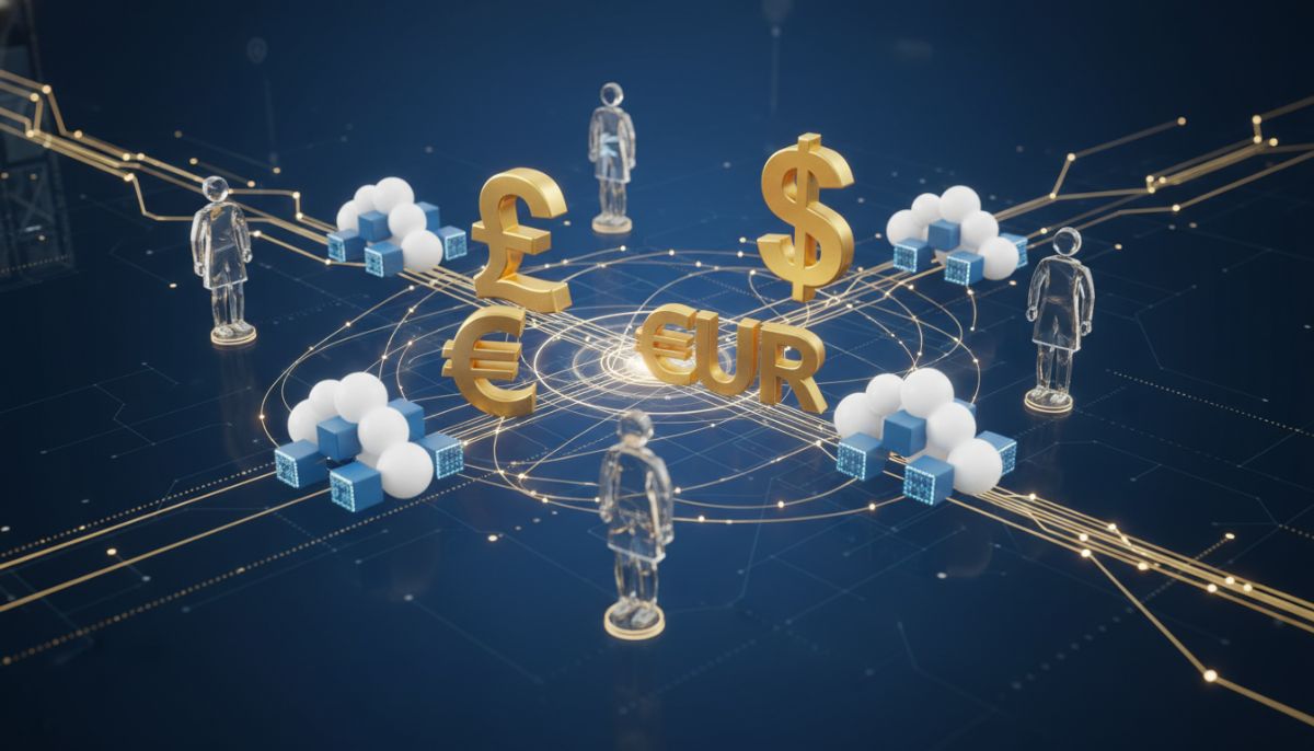 A conceptual 3D illustration of various business icons like currency symbols (GBP, EUR, USD), cloud servers, and human silhouettes connected by golden digital lines on a dark blue professional background.