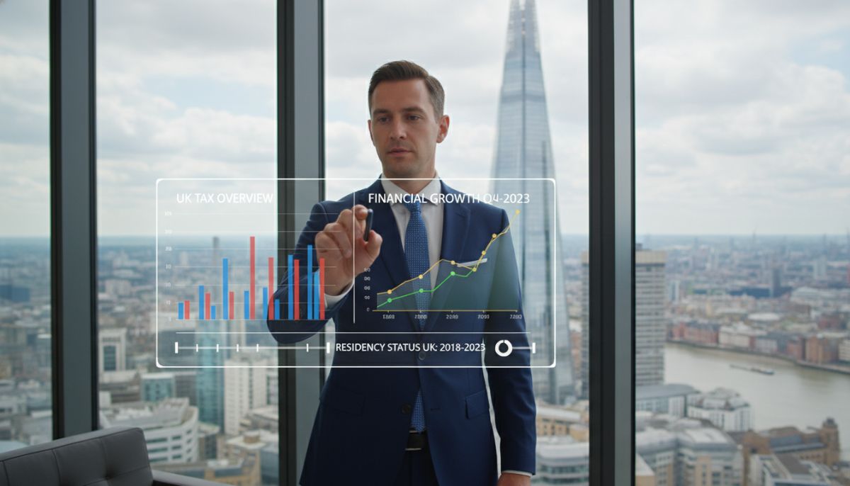 A professional accountant in a high-rise London office pointing at a digital dashboard showing UK tax charts, financial growth graphs, and residency timelines, with the Shard visible in the background.