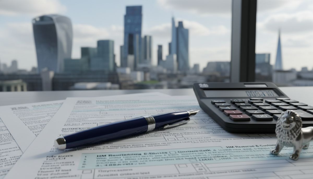 A close-up of a fountain pen resting on complex UK tax forms and a modern calculator, with a blurred view of the City of London financial district in the background.