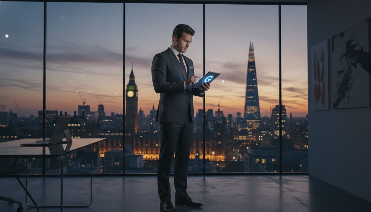 A professional businessman in a tailored suit standing in a modern glass office overlooking the London skyline, reviewing legal documents on a tablet with a focused expression.