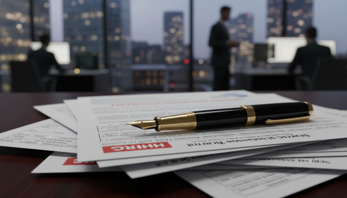 A close-up of a high-end fountain pen resting on a stack of UK tax forms and financial reports, with a blurred background of a busy financial district office.