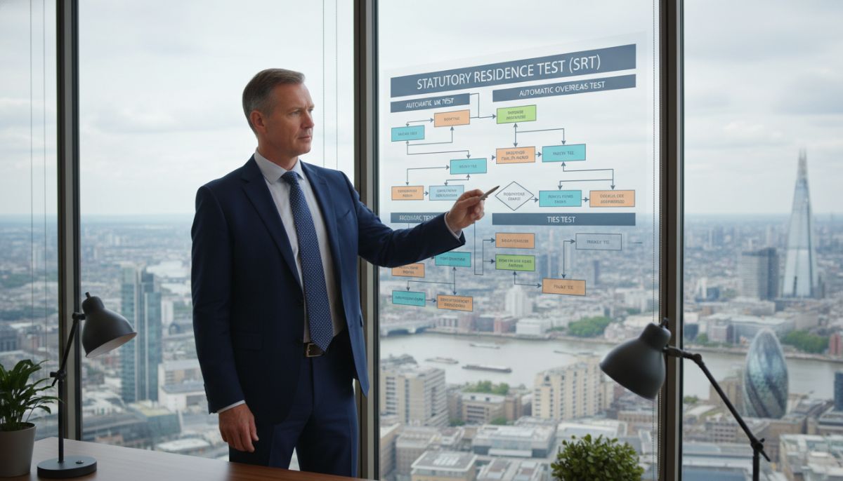 A professional accountant in a high-rise London office, pointing at a complex flow chart representing the Statutory Residence Test on a digital screen.
