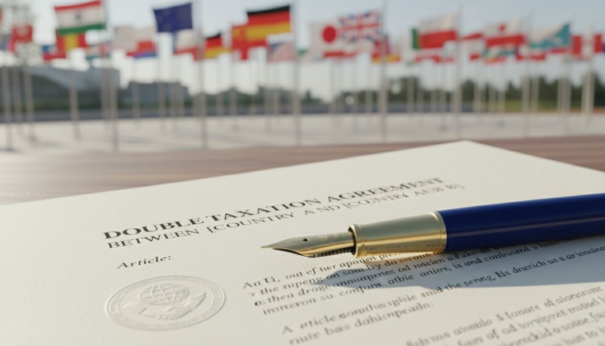 A close-up of a fountain pen resting on an official Double Taxation Treaty document, with a blurred background of international flags.