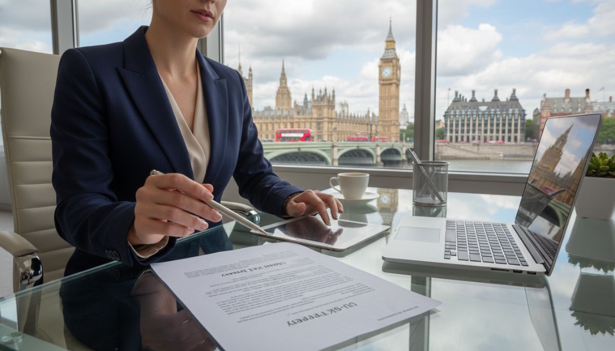 A professional business consultant pointing at a legal document labeled 'US-UK Tax Treaty' on a clean, modern office desk with a view of Big Ben through the window.