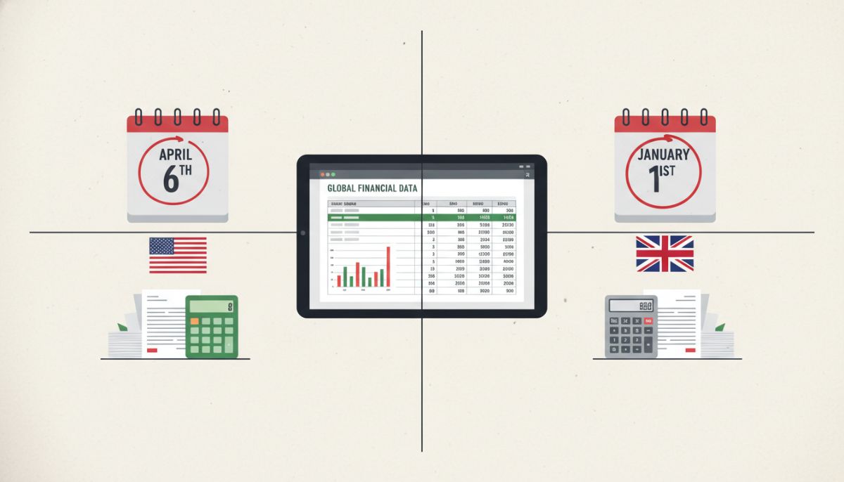 A split screen illustration showing a calendar marked with April 6th and a US flag on one side, and a calendar marked with January 1st and a UK flag on the other, with a calculator and financial spreadsheets in the middle.