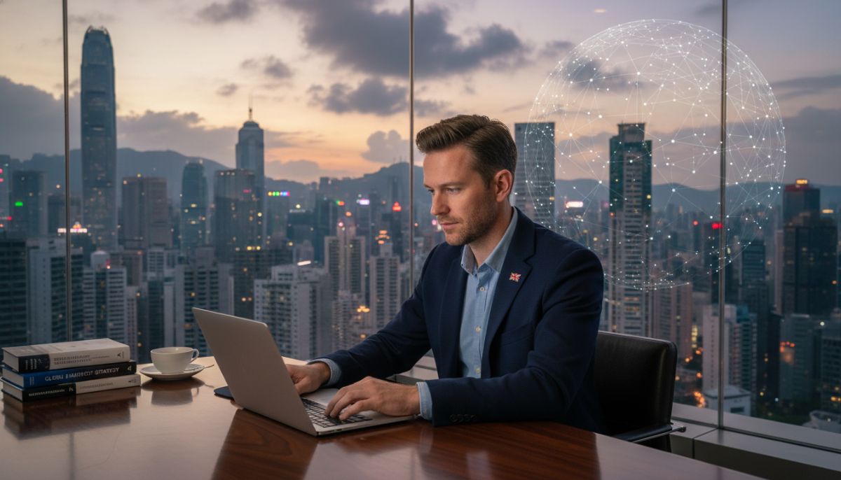 A professional UK expat entrepreneur working on a sleek laptop in a modern glass-walled office with a view of a global financial hub skyline like Hong Kong or Dubai, symbolizing international business growth.