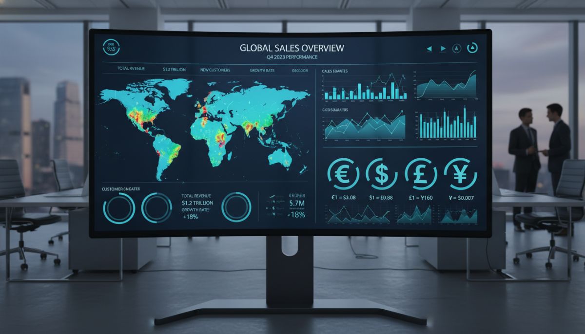 A high-tech digital dashboard displaying global sales metrics, heat maps of customer activity across continents, and various currency symbols on a large monitor in a professional setting.