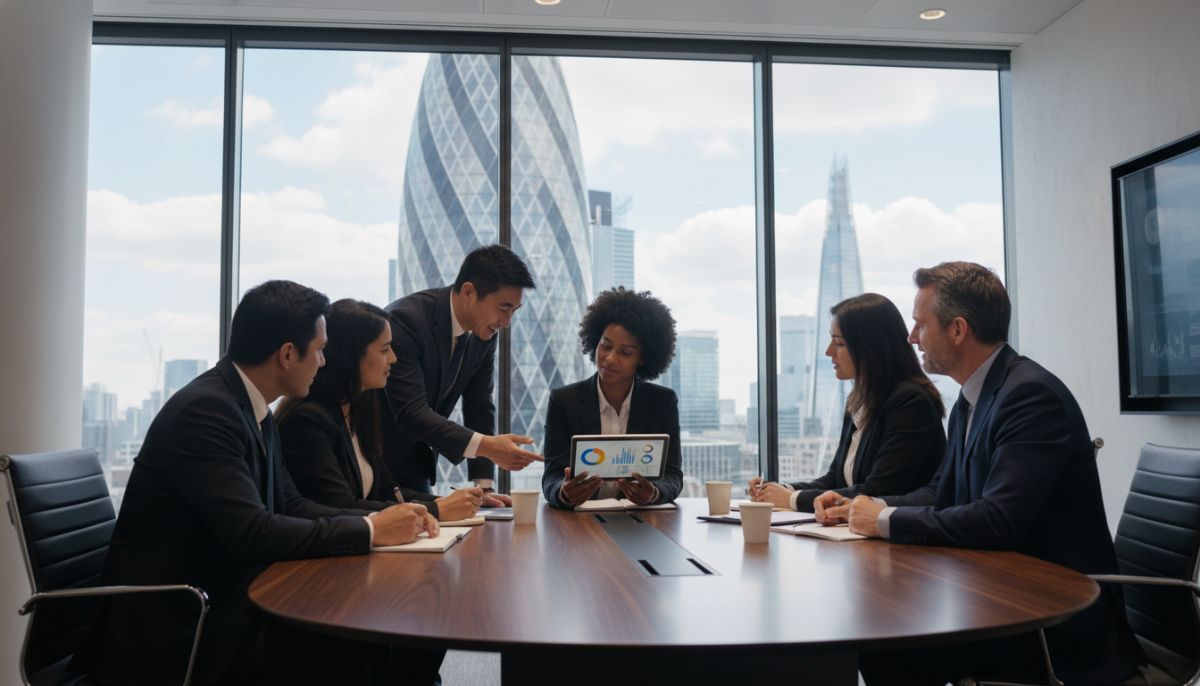 A diverse group of professional entrepreneurs in a modern London boardroom overlooking the Gherkin building, discussing a digital business plan on a tablet.