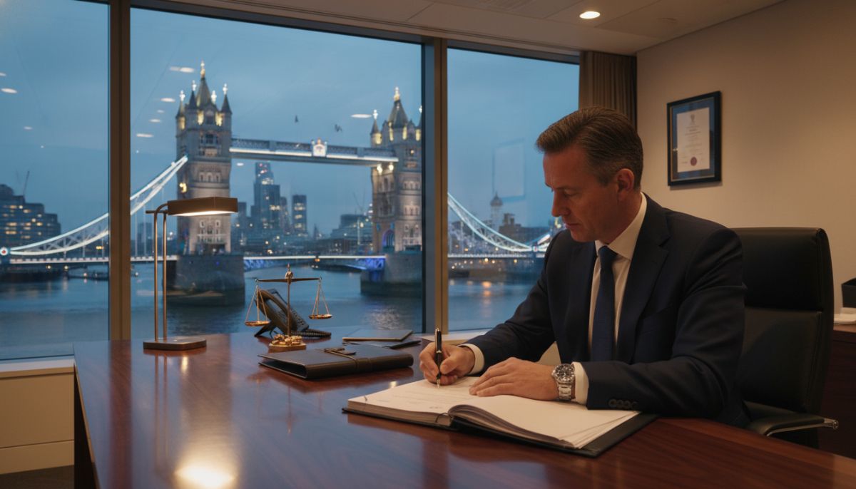 A high-end corporate office setting with a focused professional man signing documents near a window with a view of the Tower Bridge, symbolizing legal and business compliance.