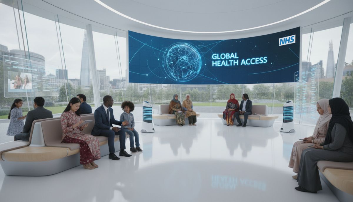 A professional-looking modern medical facility in the UK with a clean, high-tech interior, showing a diverse group of people in the waiting area, symbolizing global access to healthcare.
