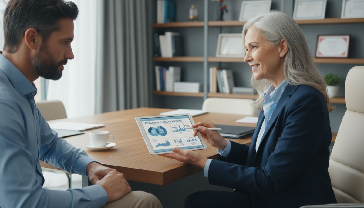 A high-resolution photo of a senior medical consultant in a professional office setting, discussing health data on a tablet with an expatriate patient, emphasizing personalized care.
